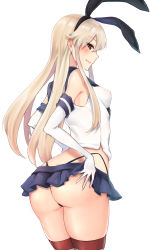 Rule 34 | 1girl, ass, ass grab, black hairband, black panties, blonde hair, blush, breasts, butt crack, closed mouth, crop top, elbow gloves, from behind, gloves, grey eyes, hair ornament, hairband, highleg, highleg panties, highres, huge ass, kamidanomi, kantai collection, long hair, looking at viewer, looking back, miniskirt, naughty face, panties, school uniform, serafuku, shimakaze (kancolle), skirt, small breasts, smile, solo, striped clothes, striped thighhighs, thick thighs, thighhighs, thighs, thong, underwear, white gloves, wide hips