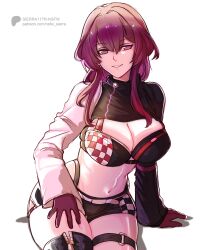 Rule 34 | 1girl, absurdres, arm support, black shorts, breasts, cleavage, commentary, gloves, grin, highres, honkai: star rail, honkai (series), kafka (honkai: star rail), large breasts, long hair, looking at viewer, midriff, navel, purple eyes, purple gloves, purple hair, short shorts, shorts, shrug (clothing), sierra117renner, simple background, sitting, smile, solo, stomach, thigh strap, thighs, white background