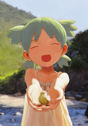 Rule 34 | 0x3, 1girl, :d, ^ ^, animal, backlighting, bare arms, bare shoulders, bird, chick, child, closed eyes, collarbone, commentary request, cupping hands, day, dress, facing viewer, green hair, hands up, highres, holding, in palm, koiwai yotsuba, looking at viewer, medium hair, open mouth, outdoors, outstretched arm, own hands together, quad tails, smile, upper body, yotsubato!, |d