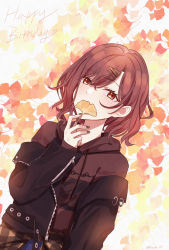 Rule 34 | 1girl, autumn leaves, birthday, black hoodie, black jacket, black nails, brown hair, commentary, covering own mouth, english commentary, ginkgo leaf, hair ornament, hairpin, happy birthday, highres, higuchi madoka, holding, holding leaf, hood, hood down, hoodie, idolmaster, idolmaster shiny colors, jacket, jacket partially removed, kiouri, leaf, long sleeves, mole, mole under eye, multiple hairpins, nail polish, parted bangs, red eyes, red hair, short hair, solo, upper body, white background, zipper