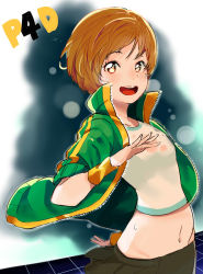 Rule 34 | 1girl, bob cut, brown eyes, brown hair, dancing, gradient background, jacket, midriff, navel, nesume, open clothes, open jacket, open mouth, persona, persona 4, persona 4: dancing all night, persona dancing, satonaka chie, short hair, skirt, smile, solo, sweat, upper body, wristband