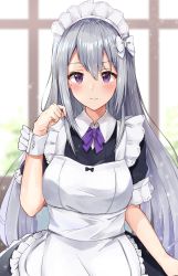 Rule 34 | 1girl, absurdres, apron, black dress, blurry, blurry background, blush, bow, breasts, closed mouth, collared dress, commentary request, day, depth of field, dress, frilled apron, frills, hair between eyes, hand up, highres, higuchi kaede, indoors, long hair, looking at viewer, maid apron, maid headdress, medium breasts, mole, mole under eye, nijisanji, puffy short sleeves, puffy sleeves, purple bow, purple eyes, racchi., short sleeves, silver hair, solo, very long hair, virtual youtuber, white apron, window, wrist cuffs