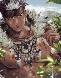 Rule 34 | 1boy, bara, black hair, brown headband, closed mouth, dark-skinned male, dark skin, earrings, facial hair, feather necklace, feathers, headband, highres, jewelry, large pectorals, male focus, muscular, muscular male, nanaisan (713), necklace, pectorals, short hair, snake, solo, tangaroa (housamo), tokyo houkago summoners, tooth necklace, tribal, upper body, white hair, white snake