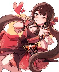 Rule 34 | 1girl, :o, alternate costume, black choker, blush, brown hair, butterfly ornament, choker, dress, floral print, flower-shaped pupils, genshin impact, highres, hu tao (genshin impact), isaraa 005, jewelry, korean commentary, long hair, low twintails, multiple rings, parted lips, red dress, red eyes, ring, simple background, solo, sparkle, symbol-shaped pupils, twintails, two-tone background