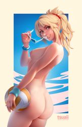 Rule 34 | 1girl, ass, ball, blonde hair, blush, bracelet, braid, breasts, commentary, commission, cowboy shot, day, fate/apocrypha, fate (series), from behind, green eyes, highres, holding, holding ball, jewelry, legs together, lips, long hair, looking at viewer, looking back, medium breasts, mordred (fate), nipples, nude, parted lips, ponytail, smile, solo, standing, sunglasses, teeth, third-party edit, tsuaii, volleyball (object)