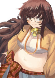 Rule 34 | 1girl, absurdres, belly, black-framed eyewear, blush, bow, breasts, brown eyes, brown hair, cleavage, commentary request, commission, fate/grand order, fate (series), ganesha (fate), glasses, highres, jinako carigiri, kokoa 10701, large breasts, long hair, looking at viewer, midriff, navel, pixiv commission, plump, sidelocks, simple background, smile, solo, very long hair, white background