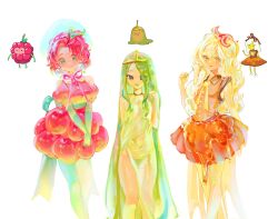 Rule 34 | 3girls, adventure time, bacon, blonde hair, breakfast princess, cowboy shot, crown, dress, food, food-themed clothes, fork, fried egg, fruit, green hair, highres, holding, holding fork, long hair, looking at viewer, maple syrup, multiple girls, neck ribbon, open mouth, panties, pelvic curtain, personification, puffy short sleeves, puffy sleeves, raspberry, ribbon, see-through, see-through dress, short sleeves, simple background, slime (substance), slime princess, smile, sycisycii, underwear, very long hair, white background, white panties, wildberry princess, yellow eyes, yellow ribbon