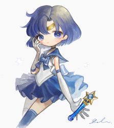 Rule 34 | 1girl, bishoujo senshi sailor moon, blue eyes, blue footwear, blue hair, blue sailor collar, blue skirt, boots, bow, brooch, choker, elbow gloves, gloves, jewelry, knee boots, magical girl, matching hair/eyes, mercury symbol, mizuno ami, pleated skirt, ribbon, sailor collar, sailor mercury, shirosaki london, short hair, signature, skirt, smile, solo, tiara, wand, white background, white gloves
