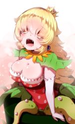 Rule 34 | 1girl, blonde hair, breasts, cleavage, collar, earrings, elbow gloves, gloves, hair over eyes, highres, humanization, jewelry, large breasts, leaf, long hair, mario (series), monster girl, new super mario bros. u deluxe, nintendo, open mouth, piano (mymel0v), piranha plant, plant, plant girl, polka dot, sharp teeth, solo, strapless, super crown, teeth, vines, warp pipe, white gloves, yellow eyes