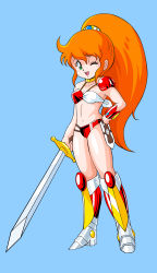 Rule 34 | 1980s (style), 1girl, 675 (image 675), absurdres, armor, armored boots, bikini, bikini armor, blue background, boots, bracer, breasts, caron (rall), choker, full body, green eyes, hand on own hip, highres, knee boots, long hair, navel, oldschool, one eye closed, open mouth, orange hair, ponytail, red bikini, retro artstyle, sf choujigen densetsu rall, simple background, small breasts, smile, solo, swimsuit, sword, thighs, very long hair, weapon