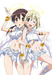 Rule 34 | 2girls, :o, ;d, absurdres, angel wings, ankle lace-up, armlet, blonde hair, blue eyes, blush, bow, bracelet, breasts, brown eyes, brown hair, cosplay, costume, crop top, cross-laced footwear, erica hartmann, feathers, flat chest, frills, gertrud barkhorn, hair ribbon, halo, halterneck, hand on own hip, highres, image sample, jewelry, mc axis, medium breasts, midriff, miniskirt, multiple girls, navel, one eye closed, onoda masahito, open mouth, ribbon, ring, short hair, simple background, skirt, smile, strike witches, twintails, vector trace, wings, wink, world witches series