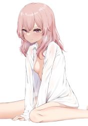 Rule 34 | 1girl, absurdres, blush, breasts, closed mouth, collared shirt, commentary, hair between eyes, highres, inui sajuna, long hair, long sleeves, looking at viewer, no bra, open clothes, open shirt, pink hair, shirt, simple background, small breasts, solo, sono bisque doll wa koi wo suru, sweat, toshise., unbuttoned, unbuttoned shirt, wet, wet clothes, wet shirt, white background, white shirt