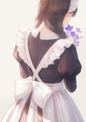 Rule 34 | 1girl, absurdres, alternate costume, apron, braid, brown hair, dress, enmaided, flower, frills, from behind, highres, long hair, maid, maid apron, maid headdress, original, romiy, simple background, solo, standing, twin braids, twintails