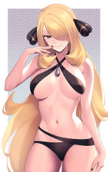 Rule 34 | 1girl, alternate hairstyle, arm at side, bare shoulders, bikini, black bikini, black nails, blonde hair, border, breasts, breasts apart, closed mouth, collarbone, cowboy shot, creatures (company), cynthia (pokemon), female focus, game freak, gluteal fold, gradient background, grey background, grey eyes, hair ornament, hair over one eye, half-closed eyes, hand to own mouth, hand up, happy, highres, large breasts, long hair, looking at viewer, maki (letusgomaki), nail polish, navel, nintendo, one eye covered, outside border, pokemon, pokemon dppt, sidelocks, simple background, skindentation, smile, solo, standing, stomach, swept bangs, swimsuit, thighs, very long hair, white border
