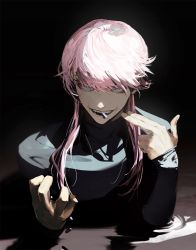 Rule 34 | 1boy, black shirt, blue eyes, hands up, highres, long hair, long sleeves, looking at viewer, male focus, mouth hold, odd oooodddd, open mouth, partially submerged, pill, pink hair, pointing, pointing at self, sanzu haruchiyo, scar, scar on face, shirt, sleeves past wrists, smile, solo, teeth, tokyo revengers, upper body, water
