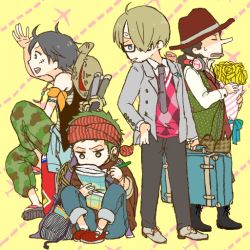 Rule 34 | 4boys, alternate costume, argyle, black hair, blonde hair, bouquet, camouflage, chibi, flower, glasses, green hair, hair over one eye, hat, lost (state), male focus, map, monkey d. luffy, multiple boys, necktie, one piece, pen, roronoa zoro, sanji (one piece), smoking, stampede string, straw hat, sweater vest, usopp