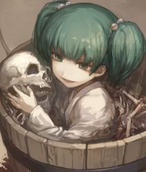 Rule 34 | 1girl, bone, bucket, evil smile, green eyes, green hair, hair bobbles, hair ornament, in bucket, in container, japanese clothes, kikugetsu, kimono, kisume, long sleeves, looking at viewer, matching hair/eyes, short hair, simple background, skull, smile, solo, touhou, twintails, upper body, wide sleeves, yukata