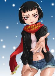 Rule 34 | 10s, 1girl, alias dictus, bad id, bad pixiv id, black hair, bob cut, denim, denim shorts, earrings, eyebrows, eyeshadow, flat chest, hand on thigh, hood, hoodie, jewelry, kuropan, looking at viewer, makeup, midriff, navel, ninja slayer, open clothes, open hoodie, outstretched hand, red scarf, scarf, short hair, shorts, snow, snowing, solo, yamoto koki, yellow eyes