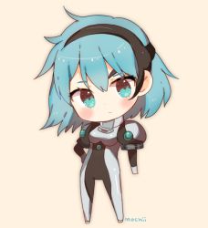 Rule 34 | 1girl, blue eyes, blue hair, blush, bodysuit, chibi, closed mouth, commentary, commission, hairband, head tilt, legs apart, meia gisborn, mochii, signature, simple background, solo, standing, vandread, yellow background