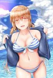 Rule 34 | 1girl, :d, anchor symbol, bikini, black bow, blush, bow, breasts, brown eyes, brown hair, cleavage, cloud, collarbone, day, front-tie top, groin, hair between eyes, hair bow, hair ornament, hairclip, highres, kantai collection, long hair, looking at viewer, low twintails, medium breasts, navel, ocean, open mouth, open rash guard, outdoors, partially submerged, rash guard, sabakuomoto, sidelocks, skindentation, smile, solo, sparkle, standing, star (symbol), stomach, striped bikini, striped clothes, sunlight, swimsuit, tashkent (kancolle), thighs, twintails, unzipped, wading
