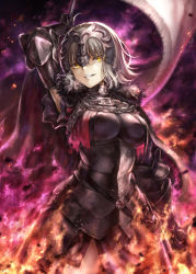 Rule 34 | 1girl, ahoge, arm at side, arm up, armor, armpit peek, banner, breasts, chain, collar, corset, cowboy shot, cwarmor, fate/grand order, fate (series), faulds, fire, fire, fur trim, gauntlets, glowing, glowing eye, grin, hair between eyes, highres, holding, jeanne d&#039;arc (fate), jeanne d&#039;arc alter (avenger) (fate), jeanne d&#039;arc alter (fate), looking at viewer, mashuu (neko no oyashiro), medium breasts, parted lips, purple fire, short hair, silver hair, smile, solo, standing, teeth, torn clothes, underbust
