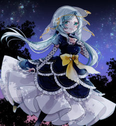 Rule 34 | 1girl, :d, aqua eyes, arm at side, ayumaru (art of life), black pantyhose, blue dress, blue hair, blush, bow, brown footwear, dark background, dot nose, dress, foot out of frame, frilled dress, frills, hand on own chest, layered dress, layered sleeves, leg up, light blue hair, long dress, long hair, long sleeves, looking at viewer, low-tied long hair, low twintails, magia record: mahou shoujo madoka magica gaiden, magical girl, mahou shoujo madoka magica, mole, mole under eye, night, night sky, open mouth, orange gemstone, pantyhose, parted bangs, shoes, short over long sleeves, short sleeves, sidelocks, sky, smile, solo, star (sky), starry sky, toki sunao, twintails, veil, very long hair, yellow bow