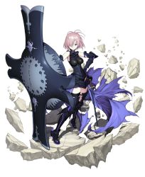 Rule 34 | 1girl, armor, armored dress, bad id, bad twitter id, bare shoulders, boots, cape, elbow gloves, elbow pads, fate/grand order, fate (series), floating, floating object, full body, gauntlets, gloves, hair over one eye, high heel boots, high heels, holding, holding shield, leg armor, mandrill, mash kyrielight, pink hair, purple armor, purple eyes, purple gloves, purple hair, purple thighhighs, shield, short hair, skirt, solo, sword, thighhighs, transparent background, waist cape, weapon, white background