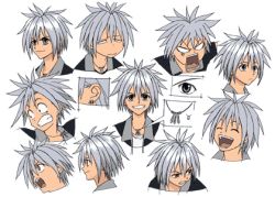 Rule 34 | 00s, 1boy, angry, character sheet, earrings, grey eyes, haru glory, jewelry, lowres, male focus, model sheet, necklace, rave, sad, silver hair, solo, spiked hair