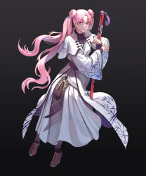 Rule 34 | 1girl, absurdres, bamboo print, black background, brown footwear, commentary request, crescent print, double bun, flower, full body, hair bun, highres, holding, holding sword, holding weapon, korean commentary, long hair, looking to the side, original, parted lips, pink hair, pommel tassel, ptaki 2, purple eyes, rose, sheath, sheathed, simple background, sun print, sword, tassel, twintails, very long hair, weapon, white flower, white rose