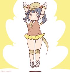 Rule 34 | 1girl, armadillo ears, armadillo tail, arms up, black hair, cardigan, coroha, full body, giant armadillo (kemono friends), gloves, hat, jumping, kemono friends, long hair, looking at viewer, necktie, shirt, shoes, simple background, skirt, solo, yellow background