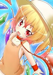 Rule 34 | 1girl, :d, alternate costume, alternate headwear, armpits, bad id, bad pixiv id, bare shoulders, blonde hair, blue background, chain, child, collar, collarbone, cuffs, dress, dutch angle, fang, female focus, flandre scarlet, flat chest, gradient hair, hair between eyes, hat, highres, leash, looking at viewer, multicolored hair, okuva, open mouth, profile, red eyes, short dress, short hair, side ponytail, smile, solo, touhou, upper body, wings, wristband