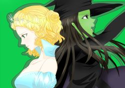 Rule 34 | 2girls, back-to-back, bad id, bad pixiv id, bare shoulders, black hair, blonde hair, blue eyes, colored skin, dress, elphaba, glinda, gown, green background, green skin, hat, long hair, multiple girls, open mouth, puffy short sleeves, puffy sleeves, respawnmayomayo, short hair, short sleeves, wicked, witch, witch hat