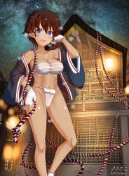 Rule 34 | 1girl, blush, breasts, brown hair, cameltoe, cleavage, collarbone, fundoshi, girls und panzer, gloves, groin, highres, japanese clothes, large breasts, looking at viewer, megadeko, navel, open mouth, outdoors, pussy juice, sarashi, short hair, smile, solo, suzuki (girls und panzer), white gloves