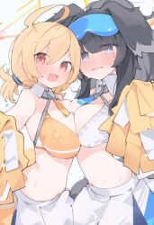 Rule 34 | 2girls, :d, ahoge, black hair, blonde hair, blue archive, blue eyes, breast press, breasts, cheerleader, cleavage, halo, hibiki (blue archive), hibiki (cheer squad) (blue archive), highres, kotori (blue archive), kotori (cheer squad) (blue archive), large breasts, looking at viewer, midriff, mikozin, millennium cheerleader outfit (blue archive), multiple girls, navel, official alternate costume, open mouth, pom pom (cheerleading), red eyes, skirt, smile, star sticker, sticker on face, sweat, symmetrical docking, triangle halo, white skirt, yellow halo