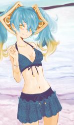 Rule 34 | 1girl, bikini, bikini skirt, bracelet, breasts, cleavage, front-tie top, gradient hair, highres, jewelry, league of legends, looking at viewer, multicolored hair, navel, necklace, o-ring, o-ring top, shimatta, shiny skin, smile, solo, sona (league of legends), swimsuit, twintails, yellow eyes