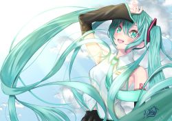 Rule 34 | 1girl, :d, aqua hair, black skirt, black sleeves, breasts, collared shirt, detached sleeves, floating hair, green eyes, hair between eyes, hatsune miku, long hair, long sleeves, medium breasts, mike3284, open mouth, shirt, signature, skirt, sleeveless, sleeveless shirt, smile, solo, standing, sunlight, twintails, upper body, very long hair, vocaloid, white shirt, wing collar