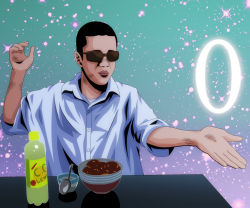 Rule 34 | 0, 1boy, bishie sparkle, black hair, bowl, brown-framed eyewear, buttons, character request, closed mouth, collared shirt, commentary request, counter, covered eyes, food, food request, hands up, light smile, male focus, mamiyama, outstretched arm, outstretched hand, puffy lips, realistic, shirt, short sleeves, simple background, solo, sparkle background, sunglasses, syamu game, undershirt, upper body, white shirt, wing collar