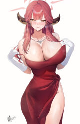 Rule 34 | 1girl, absurdres, aru (blue archive), aru (dress) (blue archive), bare shoulders, blue archive, breasts, dress, gloves, highres, k 0art, large breasts, looking at viewer, red dress, red hair, smile, solo, white gloves, yellow eyes