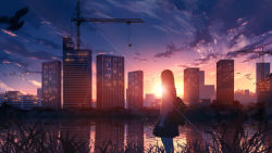 Rule 34 | 1girl, asaka fuyutoshi, backpack, bag, bird, black hair, black skirt, building, chinese commentary, city, cityscape, cloud, commentary request, crane (machine), grass, highres, long hair, long sleeves, original, reflection, river, scenery, school uniform, shirt, skirt, skyscraper, solo, sunset, water, white shirt