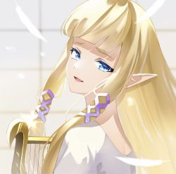 Rule 34 | 1girl, :d, blonde hair, blue eyes, blunt bangs, dress, feathers, hair ornament, harp, highres, holding, holding instrument, instrument, jewelry, kuroitubu, long hair, looking at viewer, looking back, nintendo, open mouth, pointy ears, princess zelda, sad smile, smile, tearing up, the legend of zelda, the legend of zelda: skyward sword, white dress