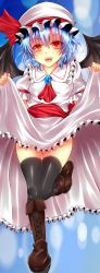 Rule 34 | 1girl, absurdres, ascot, bad id, bad pixiv id, bat wings, black thighhighs, blue hair, boots, bow, brooch, clothes lift, dress, dress lift, fujimori tonkatsu, hat, hat bow, highres, jewelry, leg lift, open mouth, red eyes, remilia scarlet, solo, thighhighs, touhou, wings