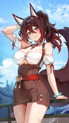 Rule 34 | 1girl, absurdres, animal ears, bare shoulders, blue sky, blurry, blurry background, blush, bracelet, breasts, brown dress, brown hair, cleavage, closed mouth, cloud, collarbone, commentary request, day, dress, fox ears, fox girl, fox tail, foxyreine, green eyes, hair between eyes, high ponytail, highres, honkai: star rail, honkai (series), jewelry, large breasts, long hair, looking at viewer, outdoors, patreon logo, patreon username, short dress, sidelocks, sky, smile, solo, suspenders, tail, thighs, tingyun (honkai: star rail), underboob, watermark, web address