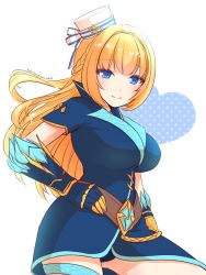 Rule 34 | 1girl, armor, belt, blonde hair, blue armor, blue bow, blue eyes, blue panties, blush, bow, braid, breasts, brown belt, closed mouth, commentary request, cowboy shot, dated, dragon fist (ragnarok masters), french braid, gauntlets, hat, hat bow, hat ornament, heart, highres, large breasts, long hair, looking at viewer, panties, pantyshot, pillbox hat, ragnarok masters, ragnarok online, smile, solo, star (symbol), star hat ornament, striped, striped bow, tomo-graphy, twitter username, underwear, white background, white bow