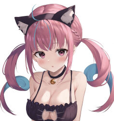 Rule 34 | 1girl, animal ear fluff, animal ears, bare shoulders, bell, black choker, black shirt, blue hair, blush, braid, breasts, cat cutout, cat ears, choker, cilu shinomori, cleavage, clothing cutout, collarbone, commentary request, drill hair, facing viewer, fake animal ears, french braid, highres, hololive, large breasts, looking ahead, minato aqua, multicolored hair, neck bell, open mouth, purple eyes, shirt, simple background, solo, streaked hair, twin drills, twintails, upper body, virtual youtuber, white background