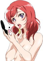 Rule 34 | 10s, 1girl, :o, applying makeup, completely nude, cosmetics, covering breasts, covering privates, hand mirror, highres, lipstick tube, looking at viewer, love live!, love live! school idol project, mirror, nishikino maki, nude, purple eyes, red hair, shogo (4274732), simple background, solo, upper body, white background