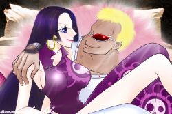 Rule 34 | 1boy, 1girl, black hair, blonde hair, blue eyes, boa hancock, breasts, donquixote doflamingo, dress, earrings, feather coat, highres, large breasts, looking at another, makimakimakiba, one piece, shirt, short hair, smile, snake earrings, sunglasses, white shirt