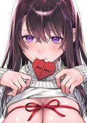 Rule 34 | 1girl, absurdres, black hair, blush, bound, breasts, clothes lift, english text, hair between eyes, hajirau kimi ga mitainda, highres, honjou kaho, large breasts, long hair, mole, mole under mouth, mouth hold, origami, red ribbon, ribbon, ribbon bondage, simple background, solo, sweater, sweater lift, turtleneck, turtleneck sweater, uma raclette, upper body, valentine, white background
