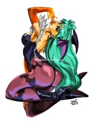 Rule 34 | 1girl, animal print, aqua hair, arched back, ass, backless outfit, bare shoulders, bat print, boots, breasts, bridal gauntlets, demon girl, elbow gloves, finger in own mouth, gloves, head wings, high heel boots, high heels, large breasts, leotard, long hair, morrigan aensland, orange gloves, pantyhose, patterned legwear, print pantyhose, purple pantyhose, savagejase, solo, thong leotard, vampire (game), watermark, web address, wings
