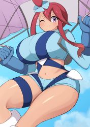 Rule 34 | 1girl, alternate breast size, blue gloves, blue jacket, blue shorts, breasts, creatures (company), cropped jacket, game freak, gloves, hair ornament, highres, huge breasts, jacket, jaga334, midriff, nintendo, one side up, pokemon, pokemon bw, pouch, purple eyes, red hair, short hair with long locks, short shorts, shorts, sidelocks, skyla (pokemon), solo, thigh pouch, turtleneck