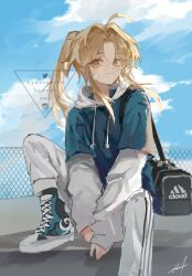 Rule 34 | 1boy, adidas, ahoge, alternate costume, bag, blonde hair, blue sky, closed mouth, cloud, cloudy sky, commentary, day, english commentary, high ponytail, honkai: star rail, honkai (series), hyde (hai-do), instagram logo, looking at viewer, outdoors, pants, parted bangs, shoes, sketch, sky, sneakers, solo, twitter logo, white pants, white sleeves, yanqing (honkai: star rail), yellow eyes
